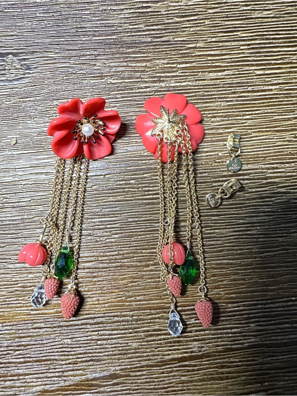 Coral Flower Drop Earrings with Green Crystal and Strawberry Charms